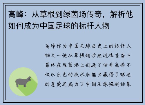 高峰：从草根到绿茵场传奇，解析他如何成为中国足球的标杆人物